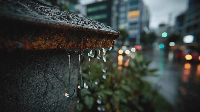 Rainy Day Drips: A close-up view of raindrops clinging to a rusted gutter, revealing the beauty of a rainy urban scene, showcasing the city's wet, reflective surfaces and creating a serene.