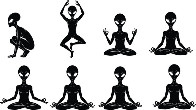 Alien yoga silhouette set, extraterrestrial character in meditation poses, zen ufo creature practicing mindfulness, cosmic spirituality vector on white background,