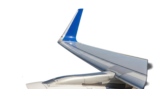 View of a commercial airplane wing with a blue winglet from a window. Isolated on transparent background, png