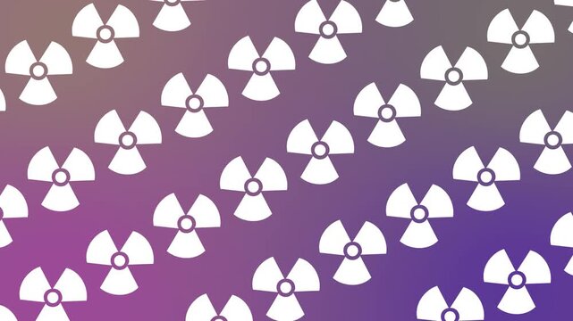 Seamless cybersecurity pattern with white radiation hazard icons on purple gradient background animation. Modern warning banner with repeating radioactive trefoil symbols. Digital hazard wallpaper.