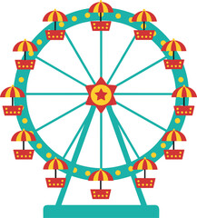 Obraz premium Colorful Cartoon Ferris Wheel with Red and Yellow Umbrellas on White Background amusement park carnival