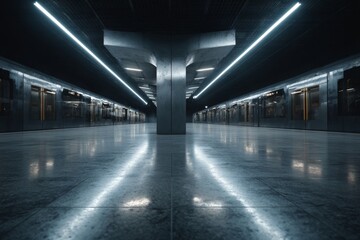 Futuristic subway station empty platform symmetrical architecture modern lighting metallic surface urban transport night reflective floor minimalistic moody atmosphere