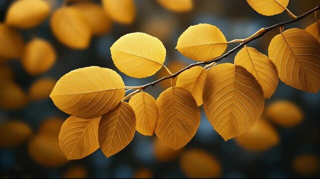 Close-up of yellow autumn leaves on a branch, evoking serenity.