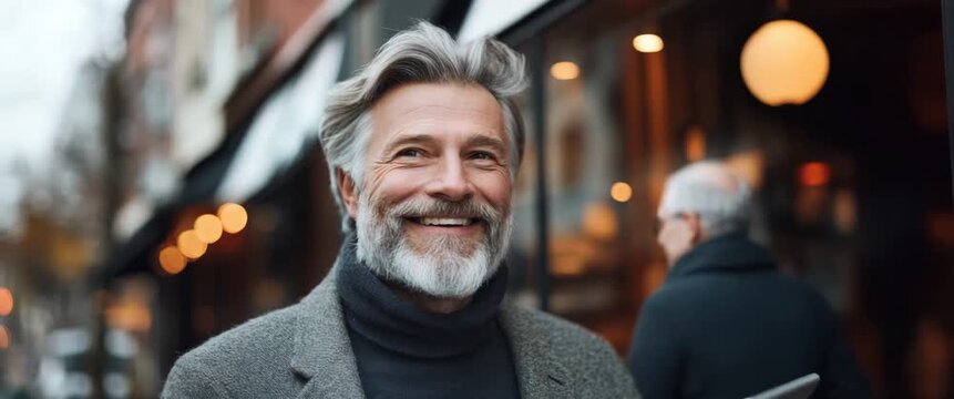 A confident mature professional man with stylish grey hair and a full beard smiles warmly outdoors while standing in a bustling urban retail district