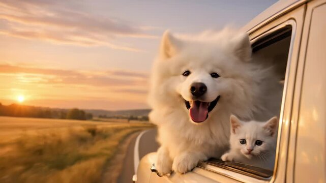 Adorable white samoyed dog and a cute kitten looking out of a car window together, enjoying the wind and the beautiful sunset landscape during an unforgettable road trip through the countryside