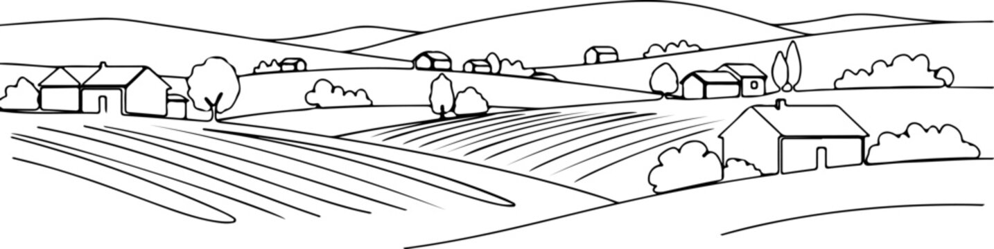 A simple black and white drawing of a landscape with houses and fields.