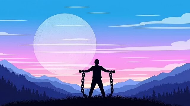 Silhouette of a man breaking chains against a mountain sunset, symbol of freedom and liberation.