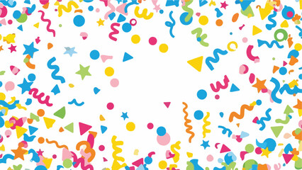 Colorful celebratory confetti in various shapes scattered on white backdrop