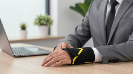 Fototapeta premium Professional businessman wearing a supportive wrist brace while working at his office desk, symbolizing occupational health and repetitive strain injury prevention.