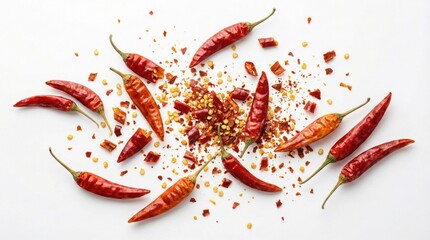 Dried red chili peppers scattered on white background with crushed flakes and seeds,concept of spice,heat,culinary and food texture