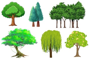 Collection of Illustrated Green Trees in Various Artistic Styles, Representing Nature, Growth, and Environment, with Soft Cartoon Design and Natural Colors Suitable for Education, Design