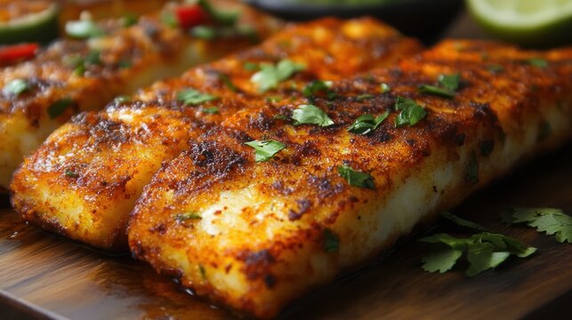 Close-up of seasoned fish fillets on a wooden board