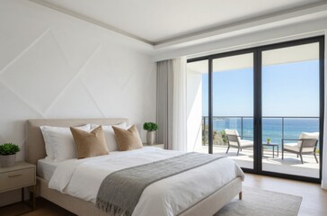Naklejka premium Bright, contemporary luxury bedroom with expansive ocean views and minimalist styling leading to a private seaside balcony