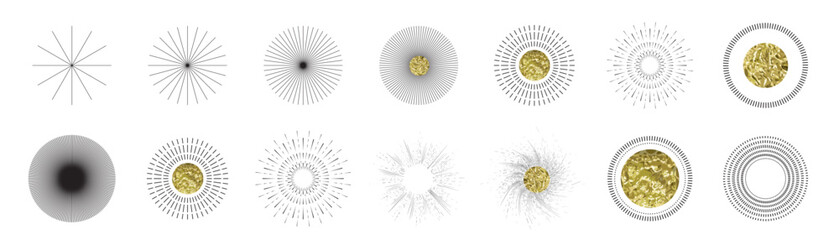 Line sun ray set. Star burst icon, sunburst radial shapes collection