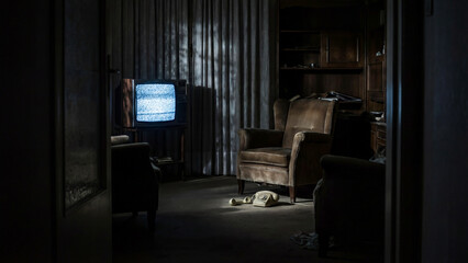 A dark, abandoned room glows with TV static. An empty armchair and a dropped telephone on the floor create a mysterious, suspenseful horror scene.