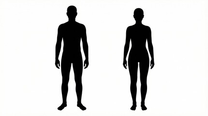 Silhouette of a man and woman standing side by side,illustrating human body shapes,gender differences,and anatomy in a minimalist black figure design