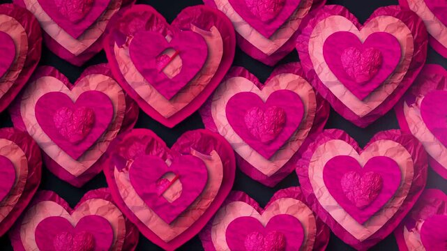 A patterned background of stop motion style collage love hearts in a looping background.

