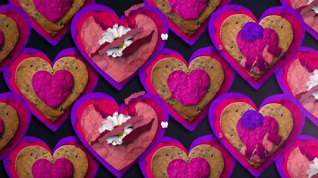 A patterned background of stop motion style collage love hearts in a looping background.
