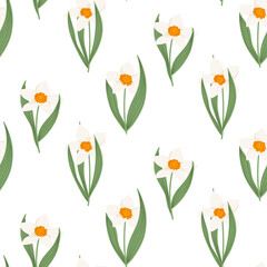 Seamless spring pattern with white daffodils on white background. Elegant floral texture for fabric, wallpaper, and gift wrap. Botanical surface design. Vector illustration