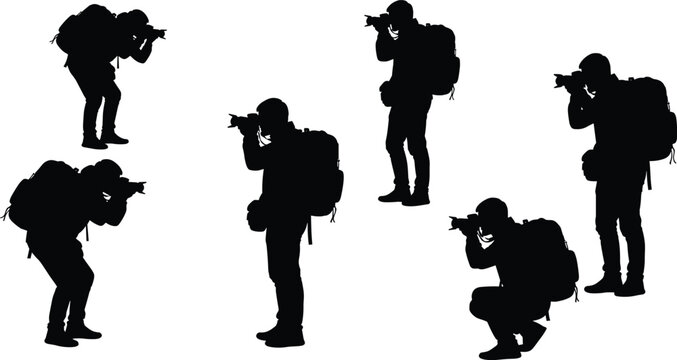 Black silhouettes of professional photographers with cameras and backpacks, group of paparazzi taking photos, vector illustration set for journalism and media content,