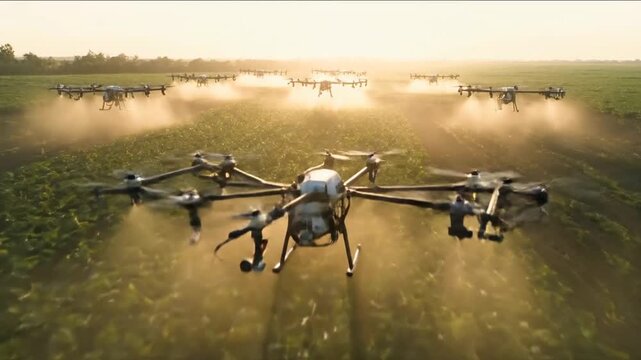 Advanced agricultural drones efficiently spraying crops in a vast field at sunrise, symbolizing modern smart farming and precision agriculture technology