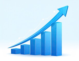 Blue upward arrow over bars representing rising stats