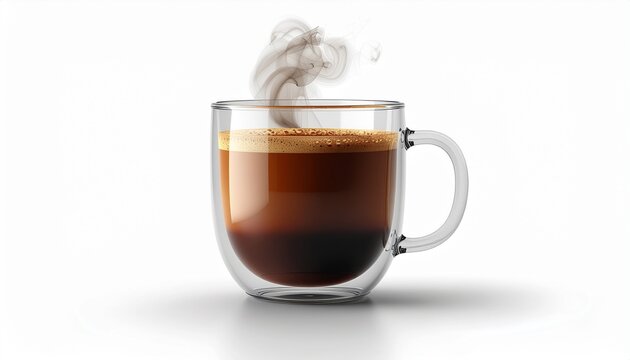 Steaming hot cup of coffee in a clear glass mug with rich crema and wisps of smoke on a white background