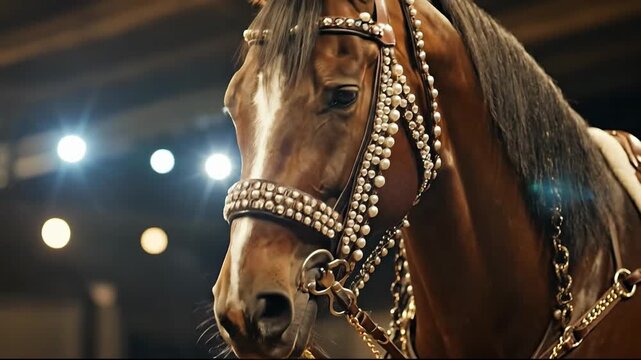 Close-up of a majestic horse with an elegant bridle and soft lighting.