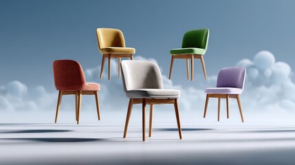 Modern Minimalist Chairs Floating in a Dreamy Surreal Cloudscape