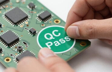 Technician applying the green \"QC Pass\" certification label sticker onto an assembled electronic printed circuit board during the quality assurance inspection process.