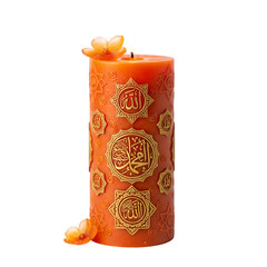 Orange Candle with Islamic Calligraphy and Flowers Lit on Black Background