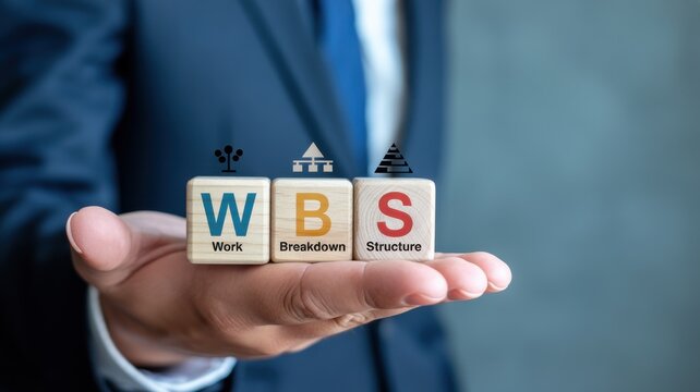 Businessman holding wooden blocks with WBS Work Breakdown Structure acronym for project management