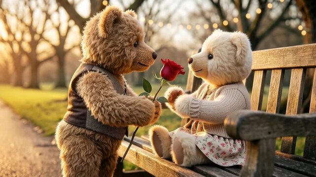 Teddy bear gives a rose to a female bear sitting on a park bench. Romantic Valentine&rsquo;s Day concept, love, affection and cute couple moment.