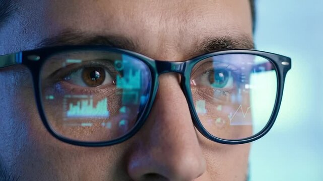 Close-up of a businessman wearing glasses with charts and diagrams reflected in the lenses. Business analysis, strategy and data-driven decision-making concept.
