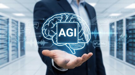 Futuristic concept of Artificial General Intelligence,AGI brain interface technology held by businessman in server room,illustrating advanced AI innovation