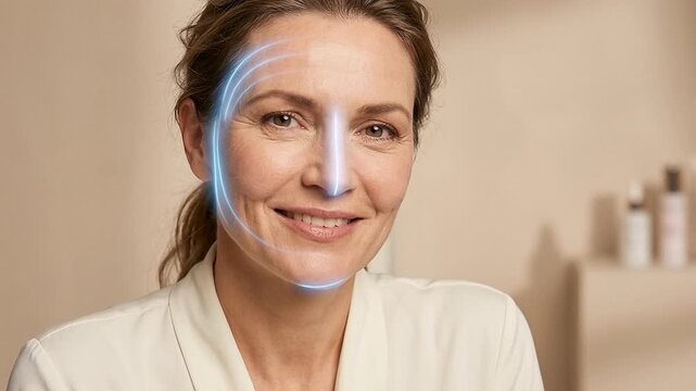Close-up of a woman over 40 smiling as animated blue lines show collagen action, smoothing wrinkles. Anti-aging, skincare and rejuvenation concept.