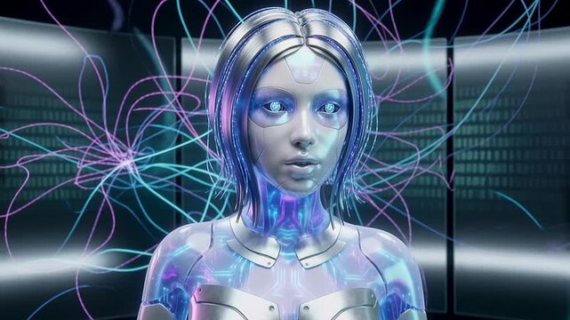 Female robot with glowing circuits on her body and eyes speaking. AI communication, futuristic technology and artificial intelligence concept.
