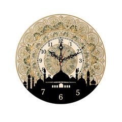 Ornate clock with mosque silhouette and intricate background pattern Islamic architecture