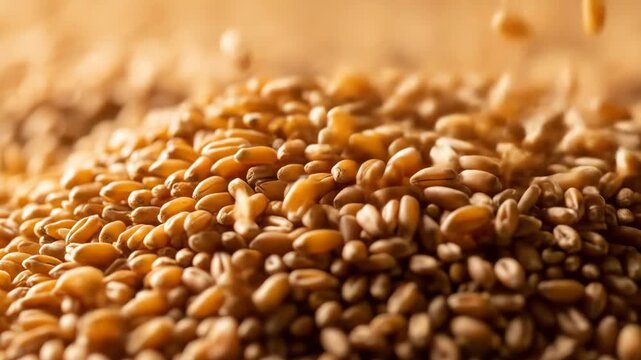 Close up shot of golden wheat grains pouring into a large pile.