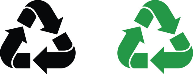 Black and green recycling symbols on a white background Keywords: recycling, symbol, icon, green, black, arrows, triangle, loop © MDBENJIR