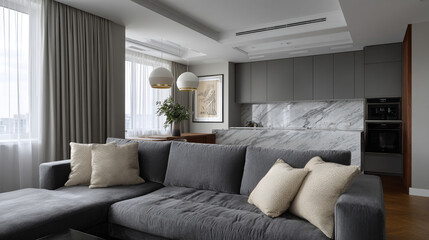Fototapeta premium Modern studio living room with gray kitchen.