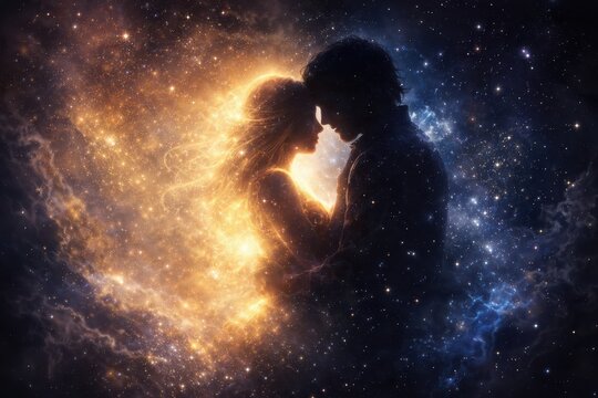 Silhouette of a loving couple embracing in cosmic space filled with stars and glowing light. Fantasy illustration about soulmates, eternal love, spiritual unity and universe energy.