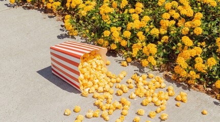 Spilled popcorn from red and white striped box on sunny sidewalk beside yellow flowers,playful summer snack scene with vibrant color and casual vibe