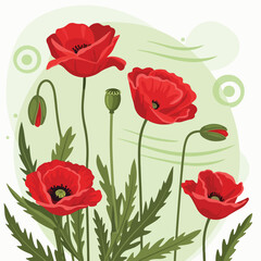 Obraz premium Colorful depiction of red poppy flowers with green stems and leaves