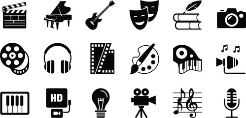 Collection of black and white icons representing arts and entertainment clapperboard piano © MDBENJIR