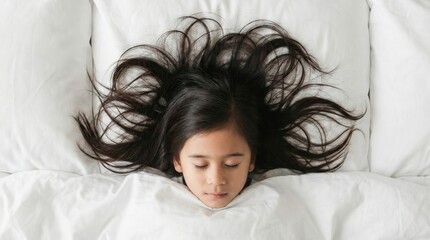 Cute young girl peacefully sleeping in bed with hair spread on pillow,childhood innocence and healthy sleep concept in cozy white bedding