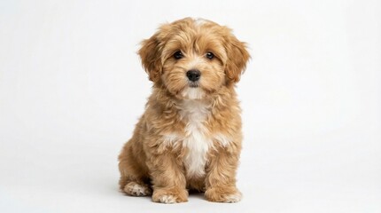 Adorable fluffy puppy sitting against white background,portrait of cute small dog looking forward,perfect for pet lovers and animal themes