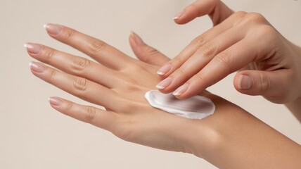 Naklejka premium Close-up of a woman applying hand cream or lotion to her skin.