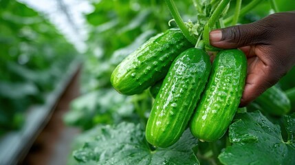 Hand picking fresh cucumbers