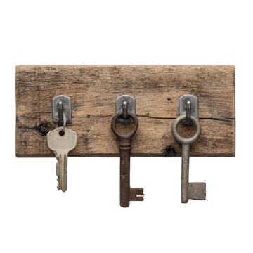 Rustic wooden wall key holder with three metal hooks and vintage keys isolated on Transparent Background